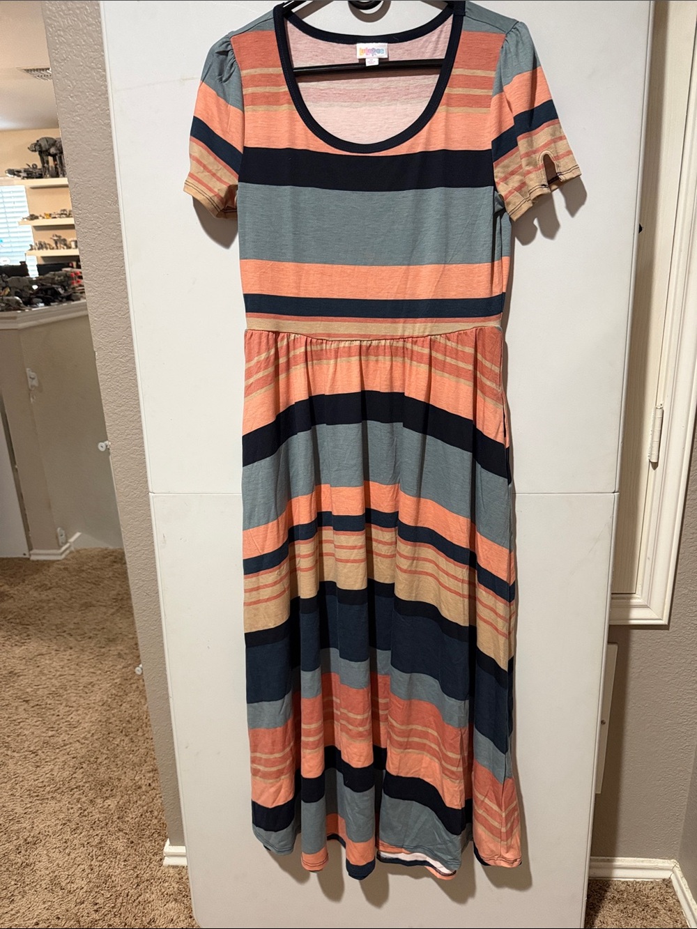 LuLaRoe Riley dress Striped Scoop-Neck Maxi Dress in Peach, Navy & Gray